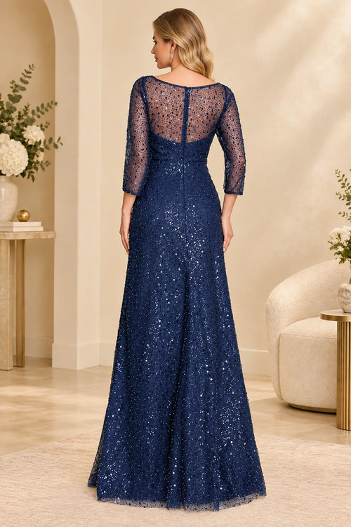 Navy blue sequin mother of the bride dress with illusion back and long formal skirt