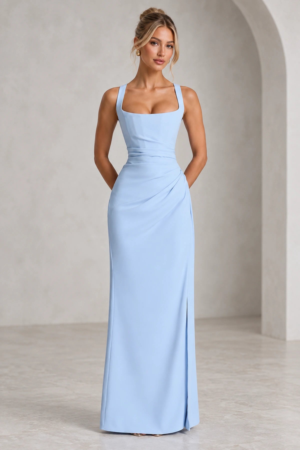 Graceprom navy blue square neck sleeveless bridesmaid dress front view