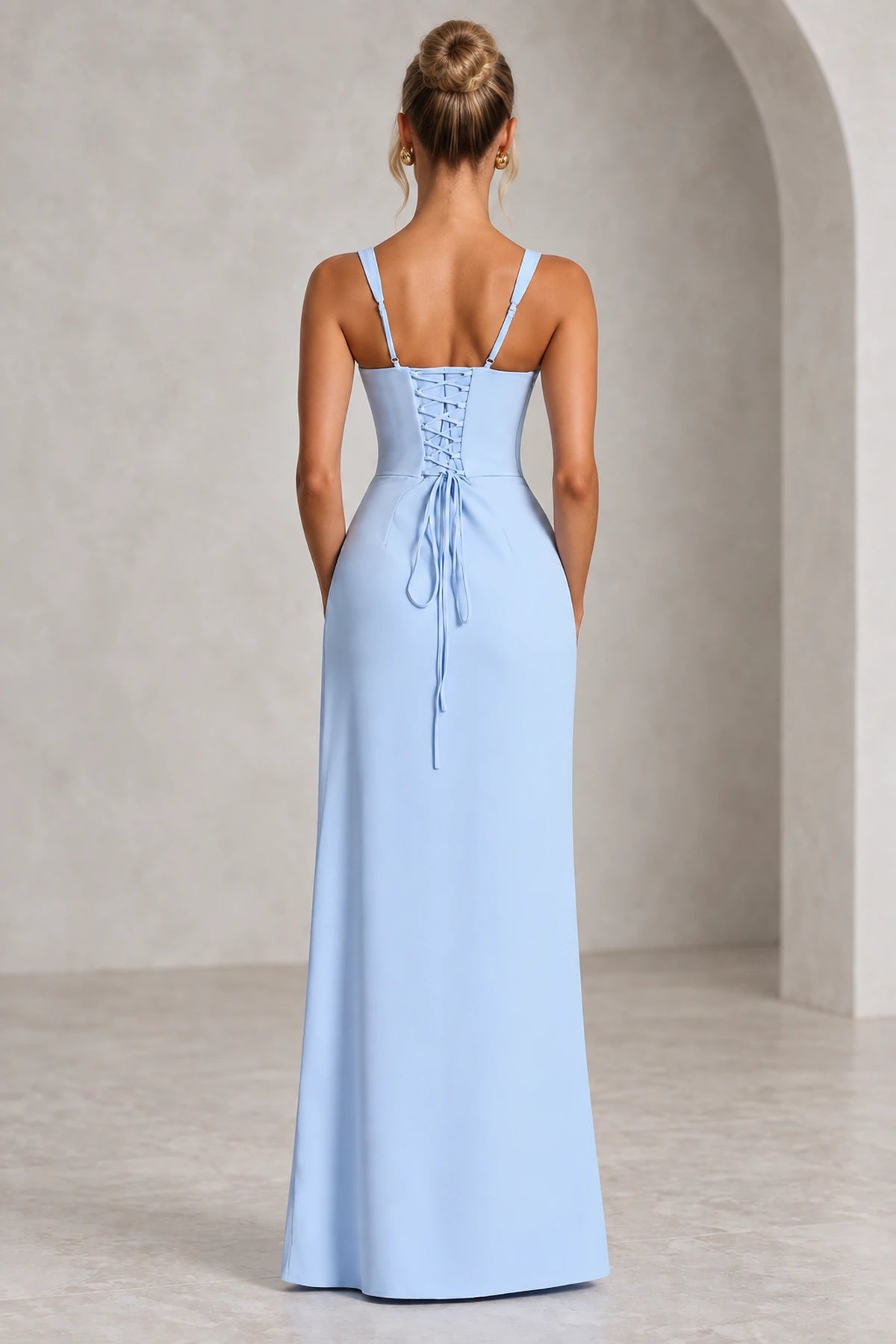 Graceprom navy blue lace up corset back bridesmaid dress back view