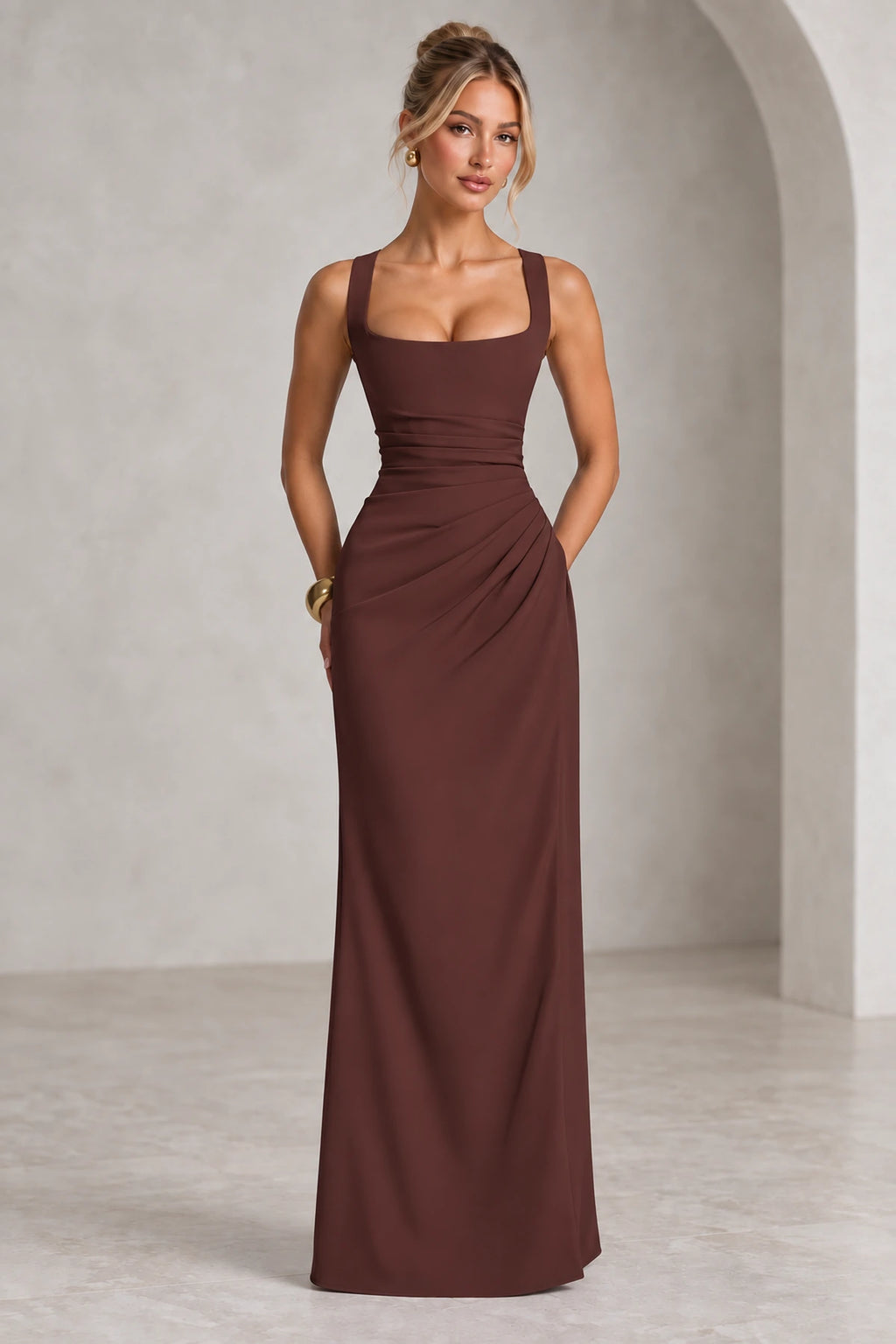 Elegant Square Neck Sleeveless Lace Up Back Long Bridesmaid Dress