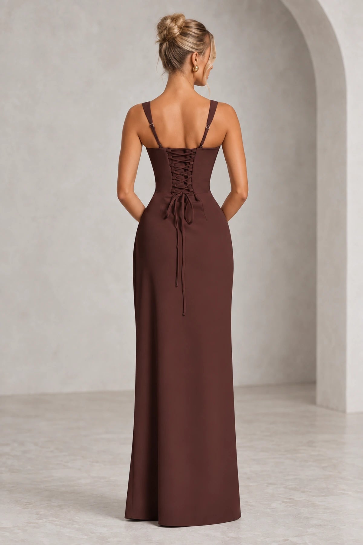 Elegant Square Neck Sleeveless Lace Up Back Long Bridesmaid Dress