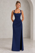 Graceprom navy blue square neck sleeveless bridesmaid dress front view