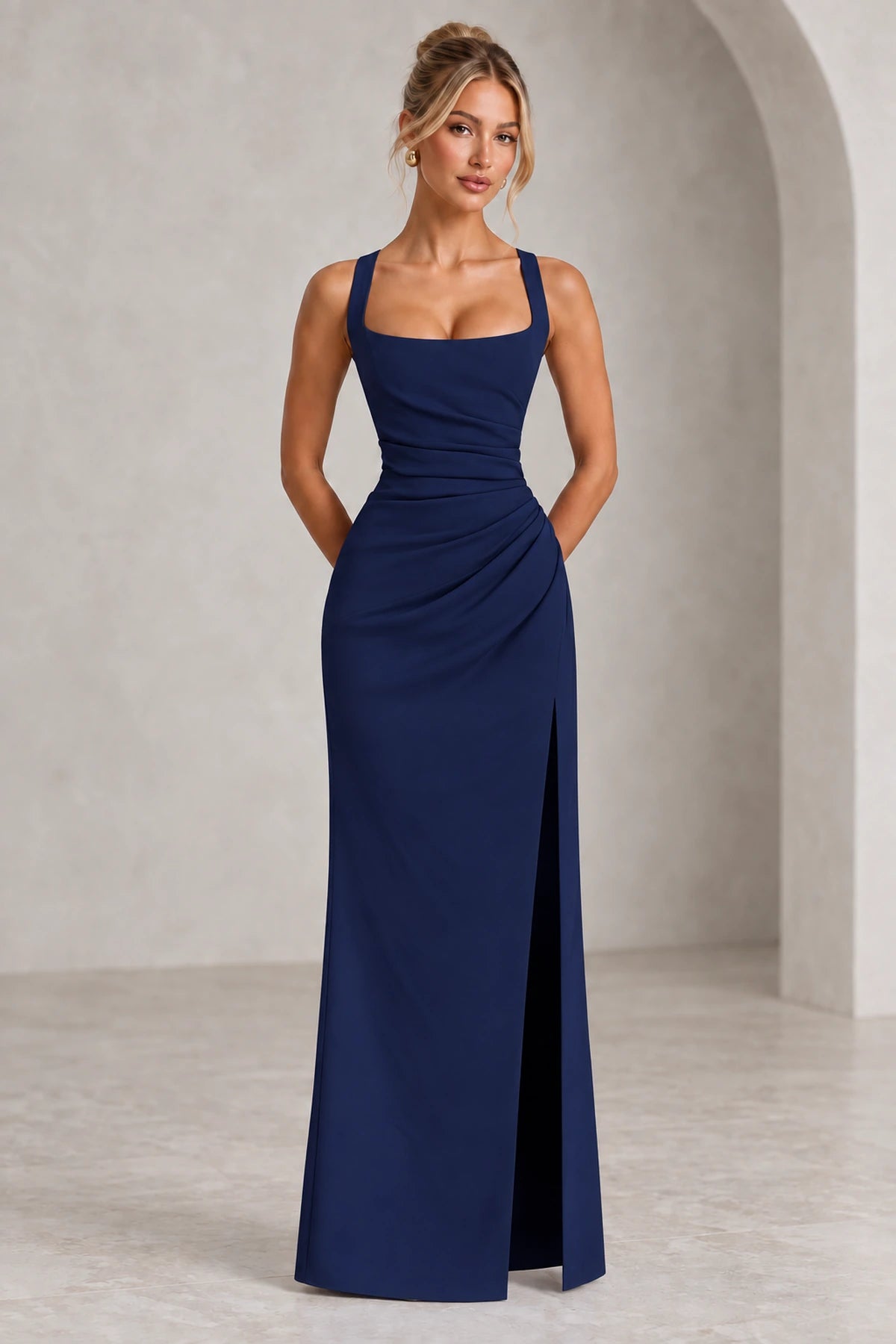 Graceprom navy blue square neck sleeveless bridesmaid dress front view