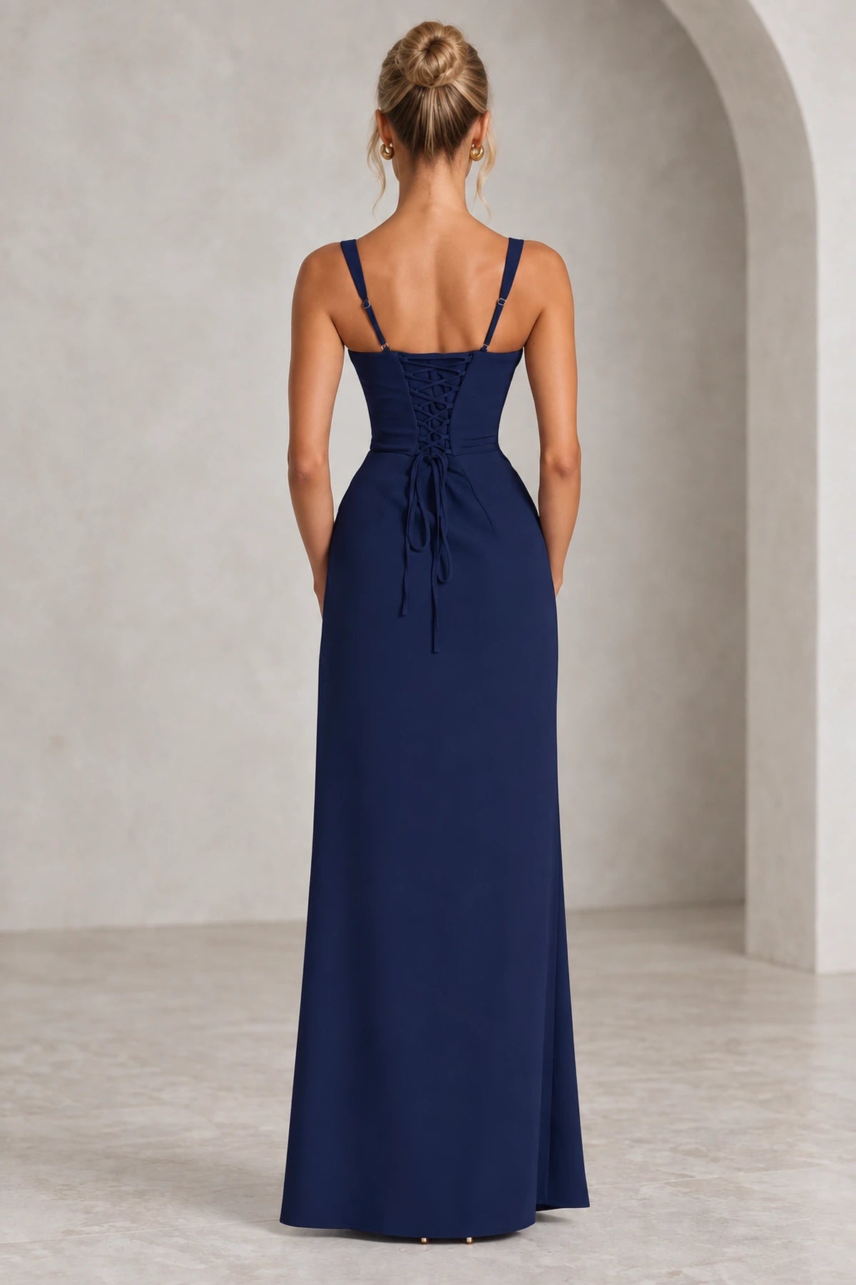 Graceprom navy blue lace up corset back bridesmaid dress back view