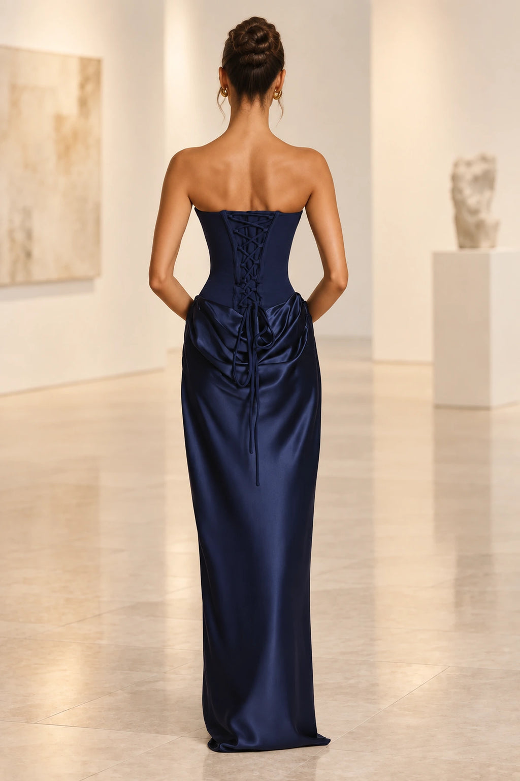 Graceprom navy blue lace up corset back bridesmaid dress back view