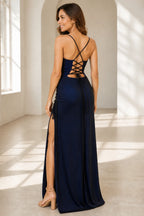 Navy blue floor-length prom dress with crisscross lace-up open back