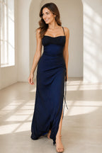 Navy blue sweetheart spaghetti strap floor-length prom dress with side slit