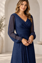 Refined A-Line V-Neck Sheer Long Sleeves Closed Back Floor-Length Mother of the Bride Dress