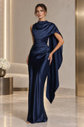 Graceprom navy blue satin cape sleeve mother of the bride dress front view