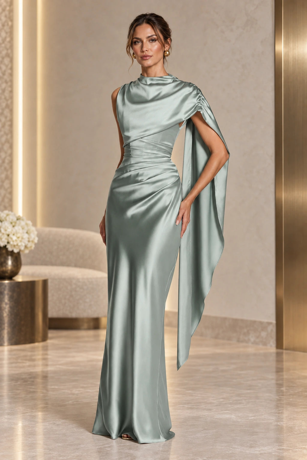 Elegant Satin High Neck Cape Sleeve Lace Up Back Long Mother Of The Bride Dress