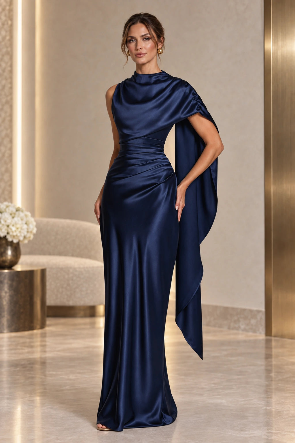 Elegant Satin High Neck Cape Sleeve Lace Up Back Long Mother Of The Bride Dress