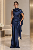 Elegant Satin High Neck Cape Sleeve Lace Up Back Long Mother Of The Bride Dress