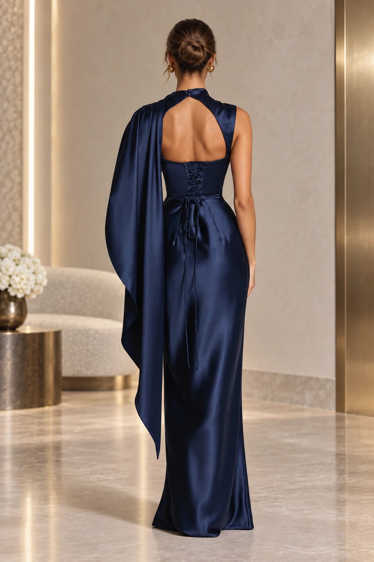 Graceprom navy blue lace up back satin formal wedding dress back view