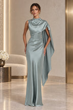 Elegant Satin High Neck Cape Sleeve Lace Up Back Long Mother Of The Bride Dress