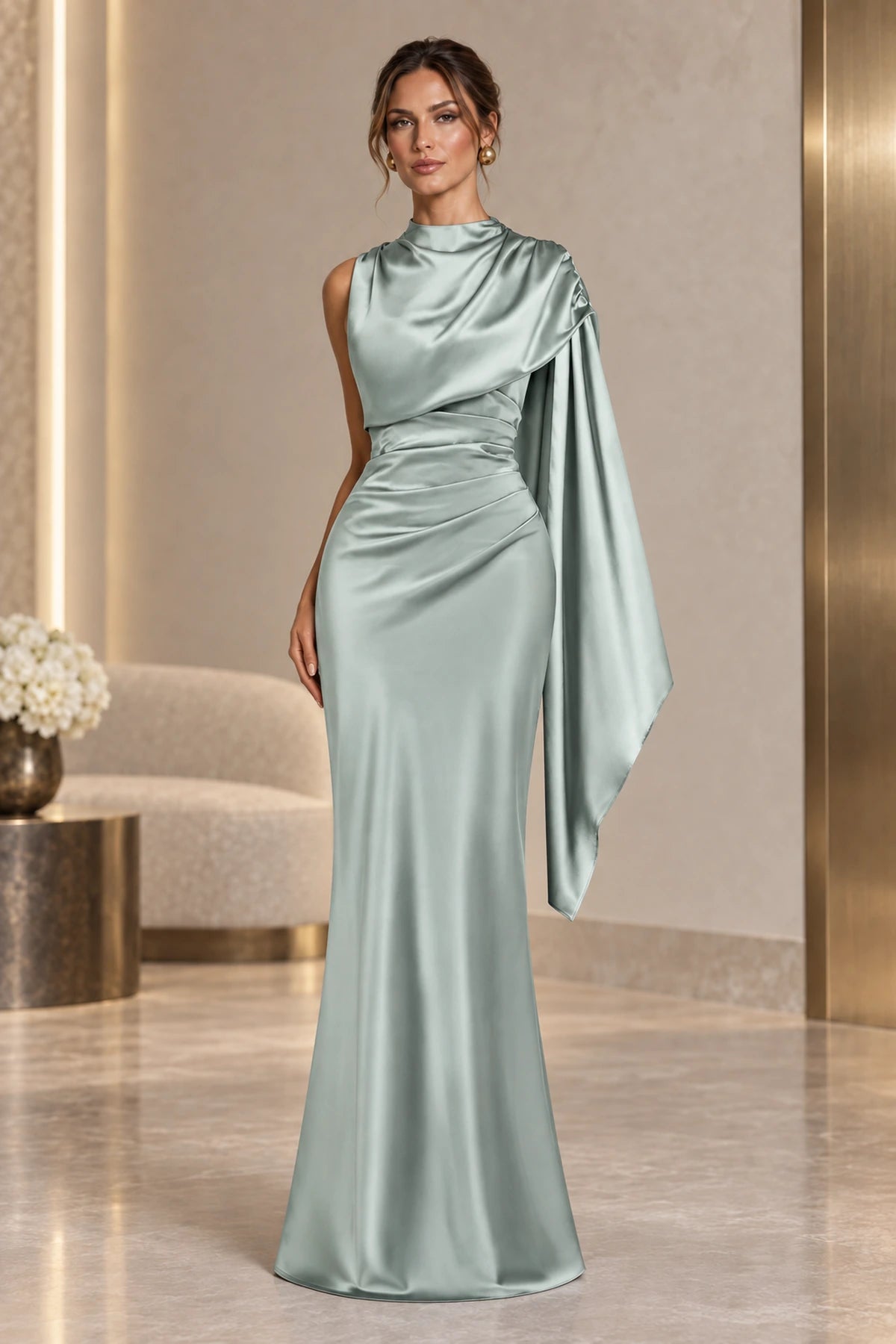 Elegant Satin High Neck Cape Sleeve Lace Up Back Long Mother Of The Bride Dress
