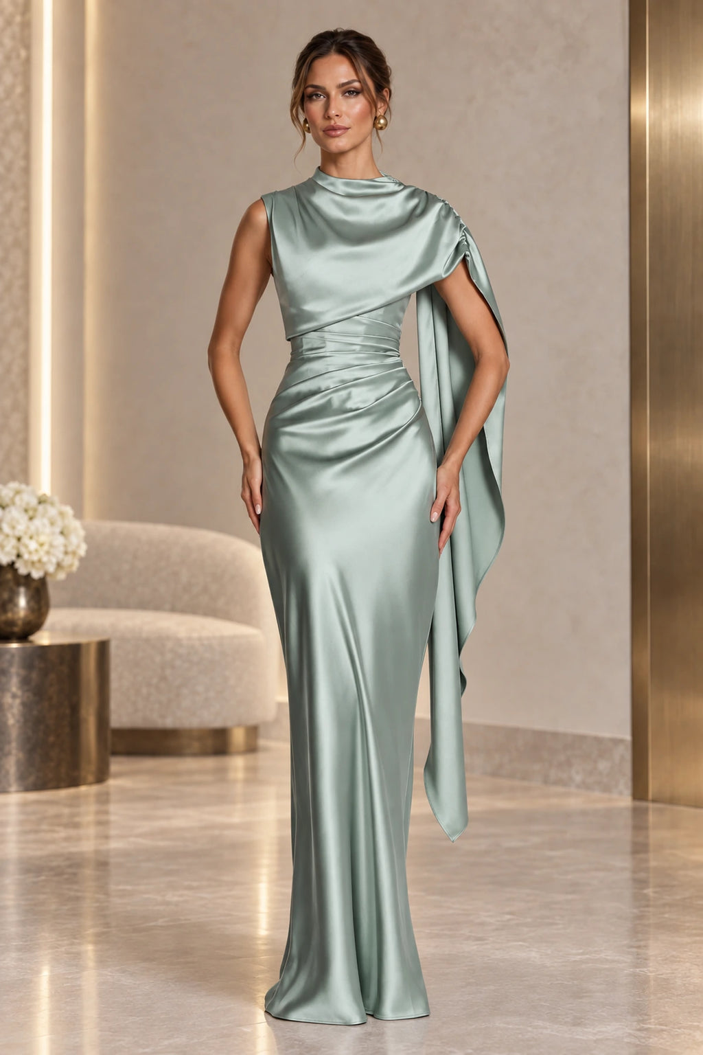 Elegant Satin High Neck Cape Sleeve Lace Up Back Long Mother Of The Bride Dress