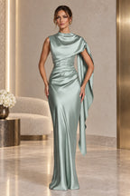 Elegant Satin High Neck Cape Sleeve Lace Up Back Long Mother Of The Bride Dress
