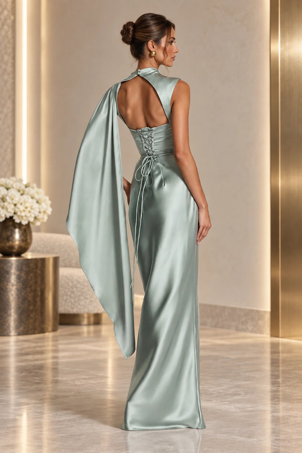 Elegant Satin High Neck Cape Sleeve Lace Up Back Long Mother Of The Bride Dress