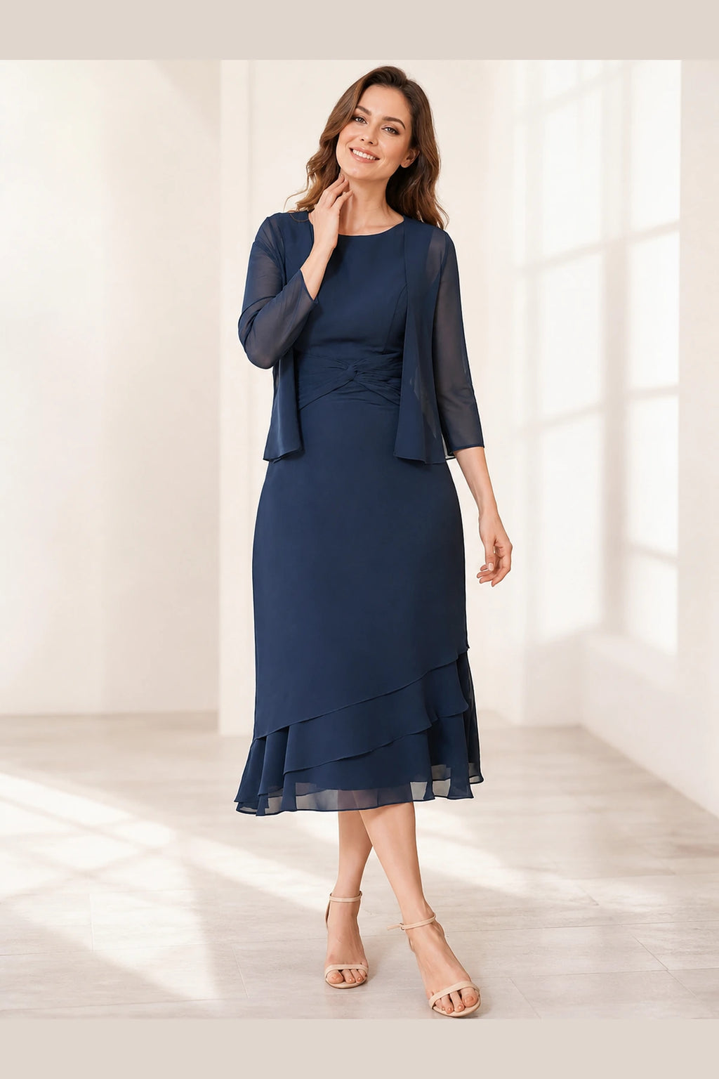 Elegant A-Line Scoop Neck Three-Quarter Sleeve Overlay-Back Midi Mother-of-the-Bride Dress