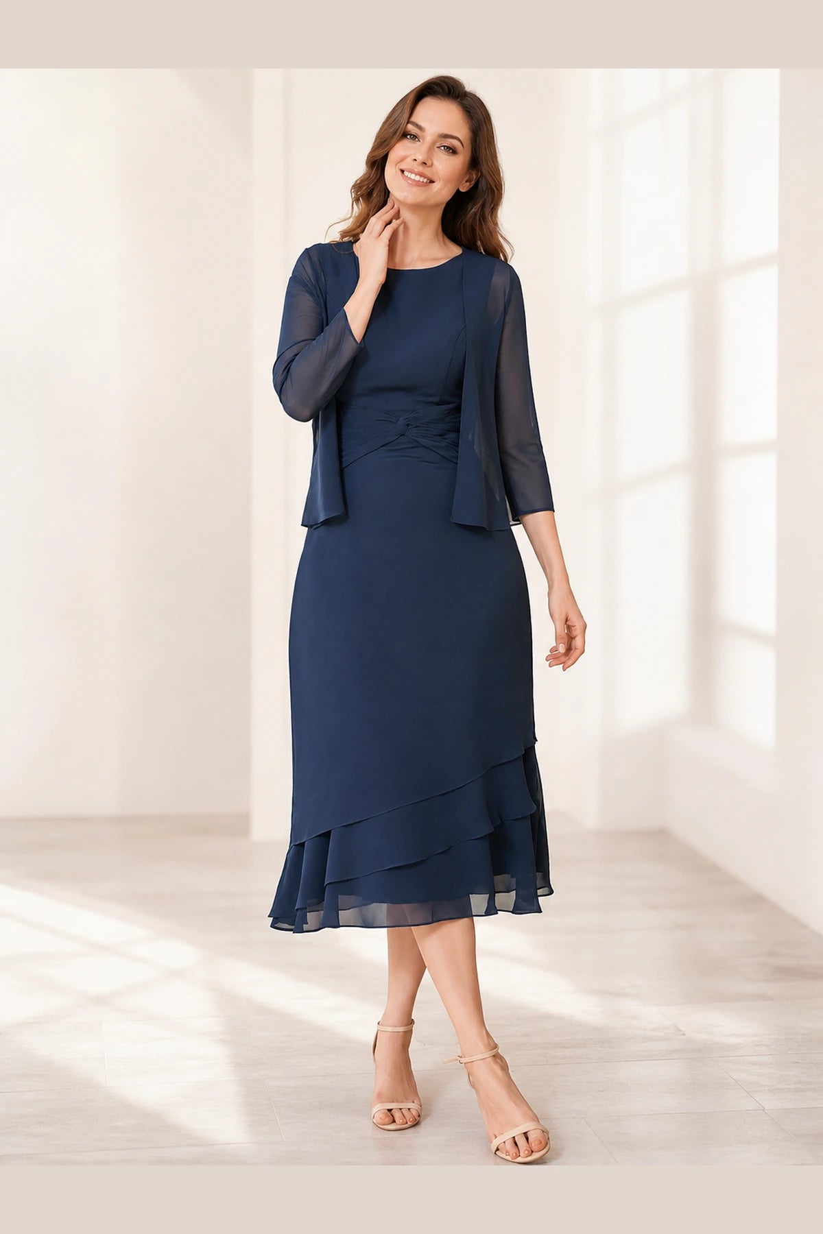 Elegant A-Line Scoop Neck Three-Quarter Sleeve Overlay-Back Midi Mother-of-the-Bride Dress