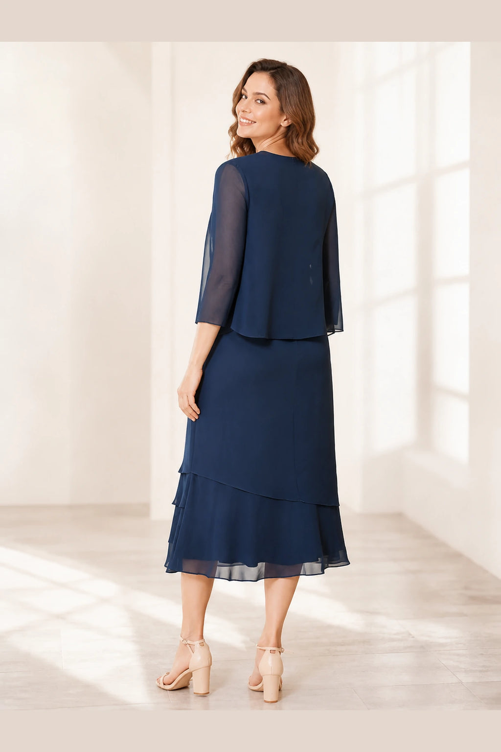 Elegant A-Line Scoop Neck Three-Quarter Sleeve Overlay-Back Midi Mother-of-the-Bride Dress