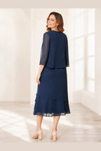Elegant A-Line Scoop Neck Three-Quarter Sleeve Overlay-Back Midi Mother-of-the-Bride Dress