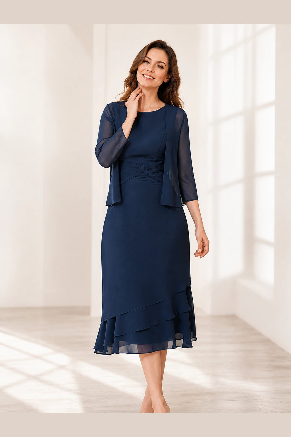 Elegant A-Line Scoop Neck Three-Quarter Sleeve Overlay-Back Midi Mother-of-the-Bride Dress