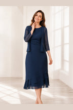 Elegant A-Line Scoop Neck Three-Quarter Sleeve Overlay-Back Midi Mother-of-the-Bride Dress