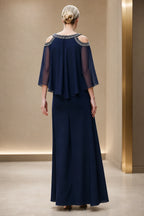 Navy sheath cold-shoulder Mother of the Bride dress with beaded neckline, chiffon cape sleeves and closed back, front and back view by Vedress