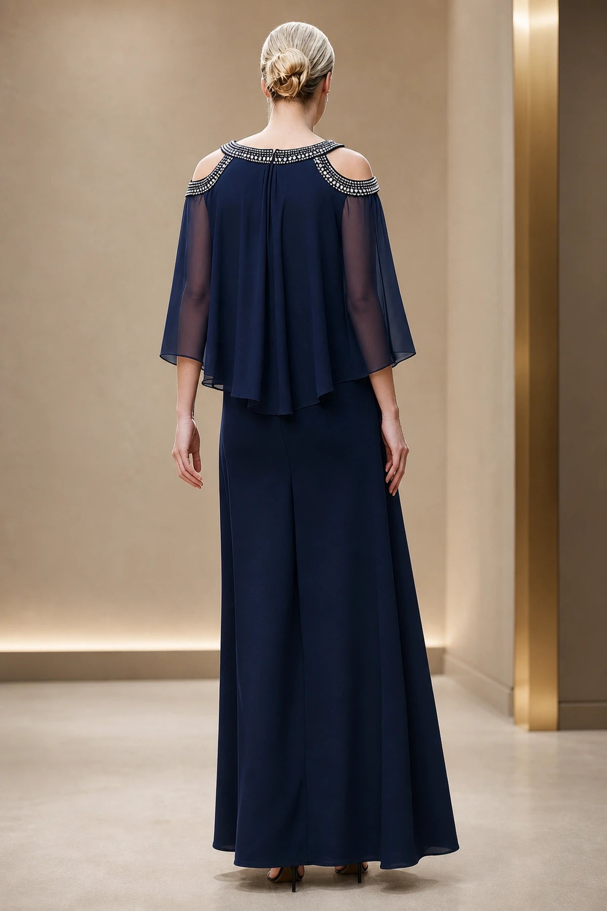 Navy sheath cold-shoulder Mother of the Bride dress with beaded neckline, chiffon cape sleeves and closed back, front and back view by Vedress