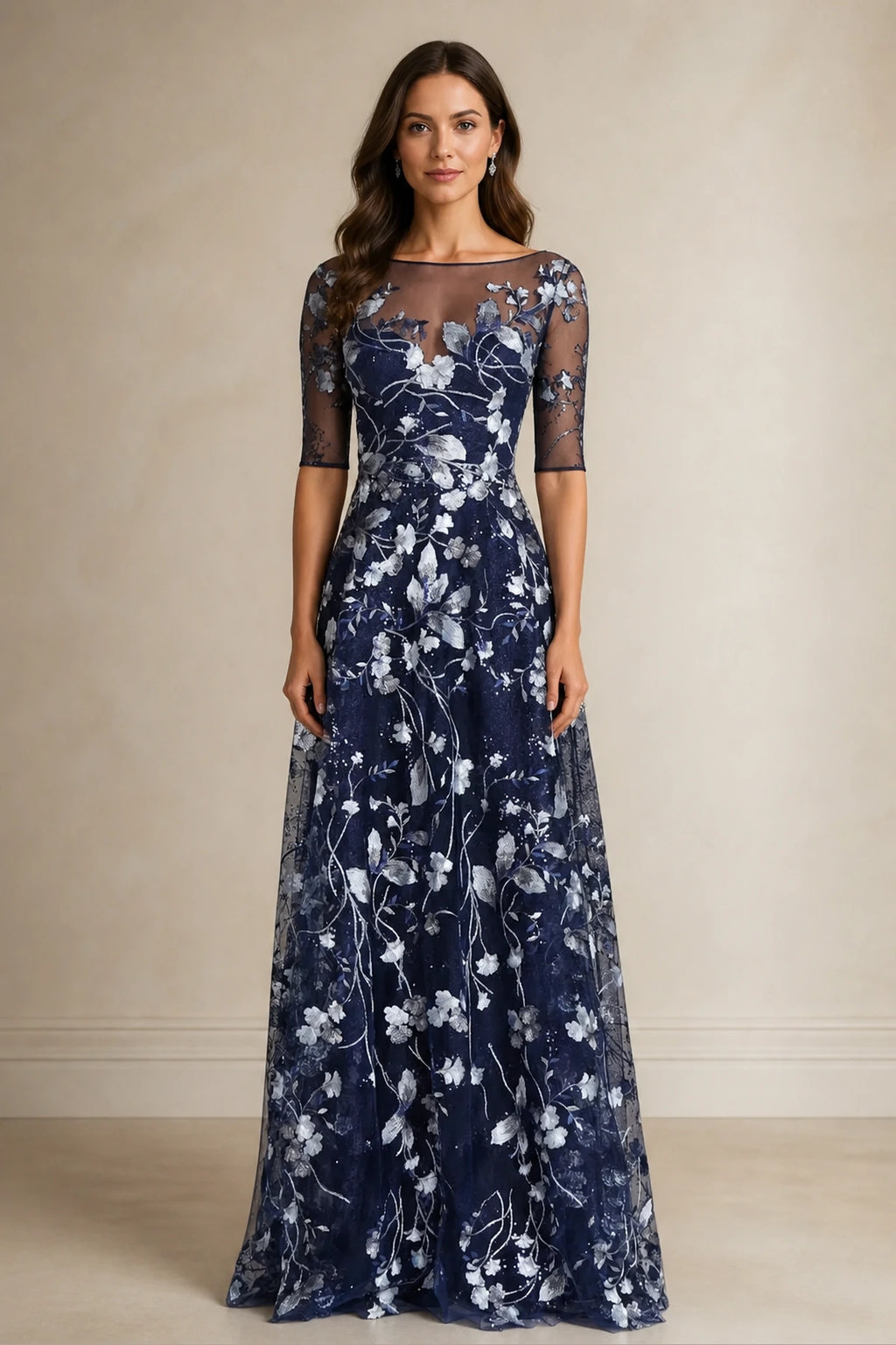 Navy A-line bateau neck Mother of the Bride dress with sheer elbow sleeves, silver floral embroidery and V-back, front and back view by Vedress