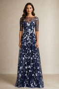 Navy A-line bateau neck Mother of the Bride dress with sheer elbow sleeves, silver floral embroidery and V-back, front and back view by Vedress