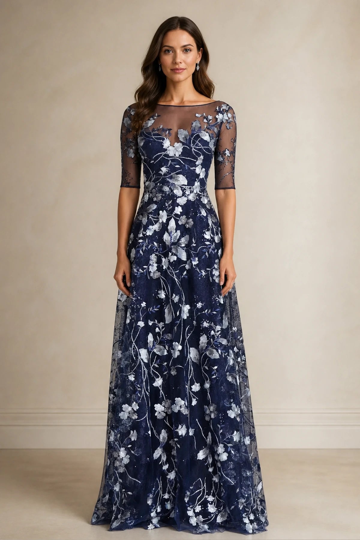 Navy A-line bateau neck Mother of the Bride dress with sheer elbow sleeves, silver floral embroidery and V-back, front and back view by Vedress