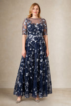Elegant A-Line Bateau-Neck Elbow-Sleeve V-Back Long Mother of the Bride Dress