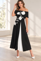Refined A-Line Off-Shoulder Floral Applique Tea-Length Mother of the Bride Dress