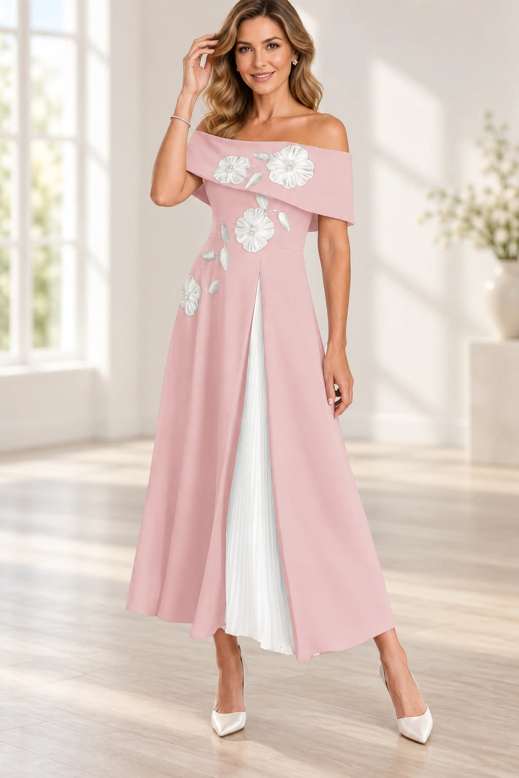Refined A-Line Off-Shoulder Floral Applique Tea-Length Mother of the Bride Dress