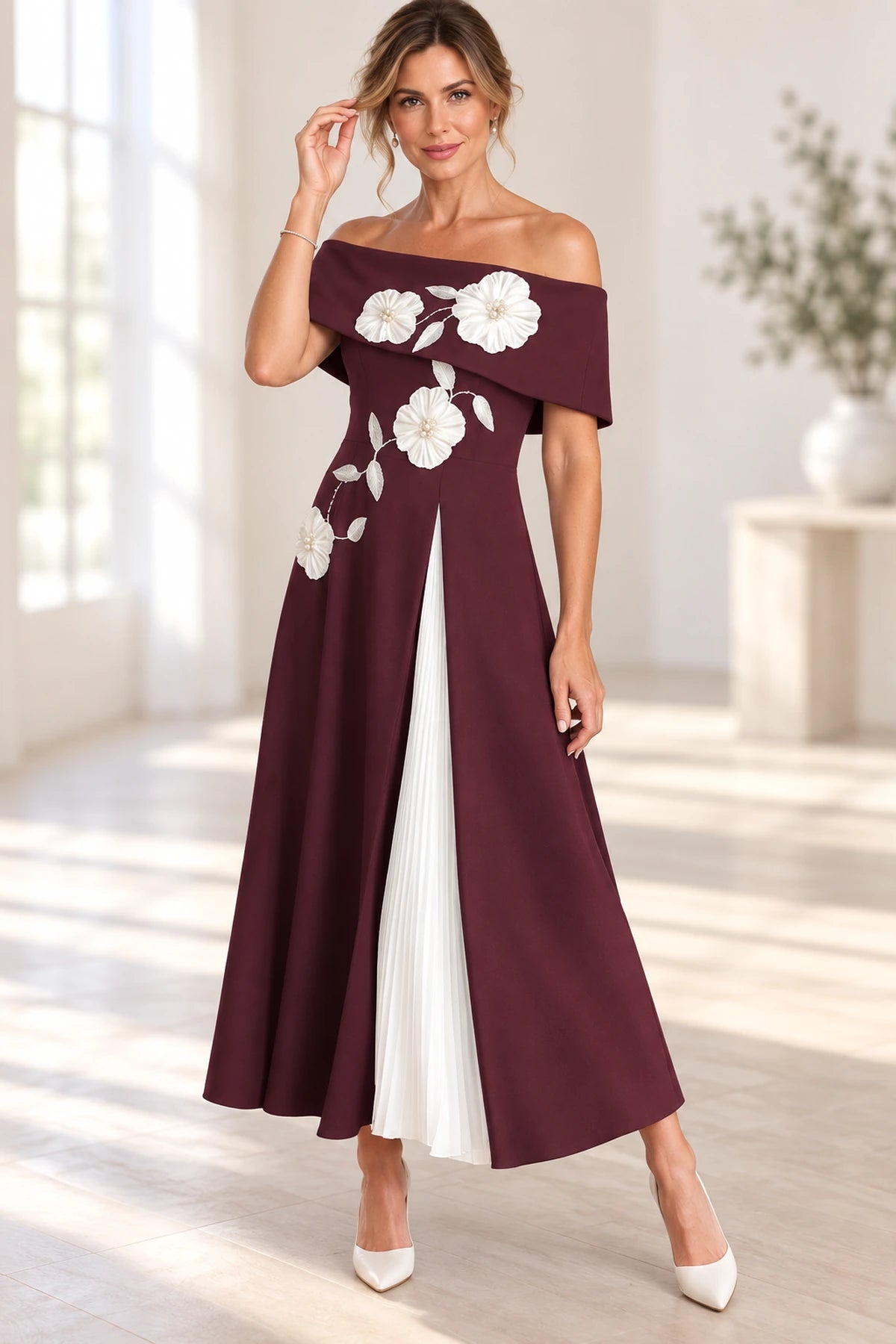 Refined A-Line Off-Shoulder Floral Applique Tea-Length Mother of the Bride Dress