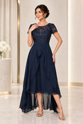 Navy mother of the bride dress with illusion neckline short sleeves lace bodice and high low chiffon skirt