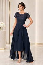 Elegant A-Line Illusion Neck Short Sleeve High-Low Mother of the Bride Dress