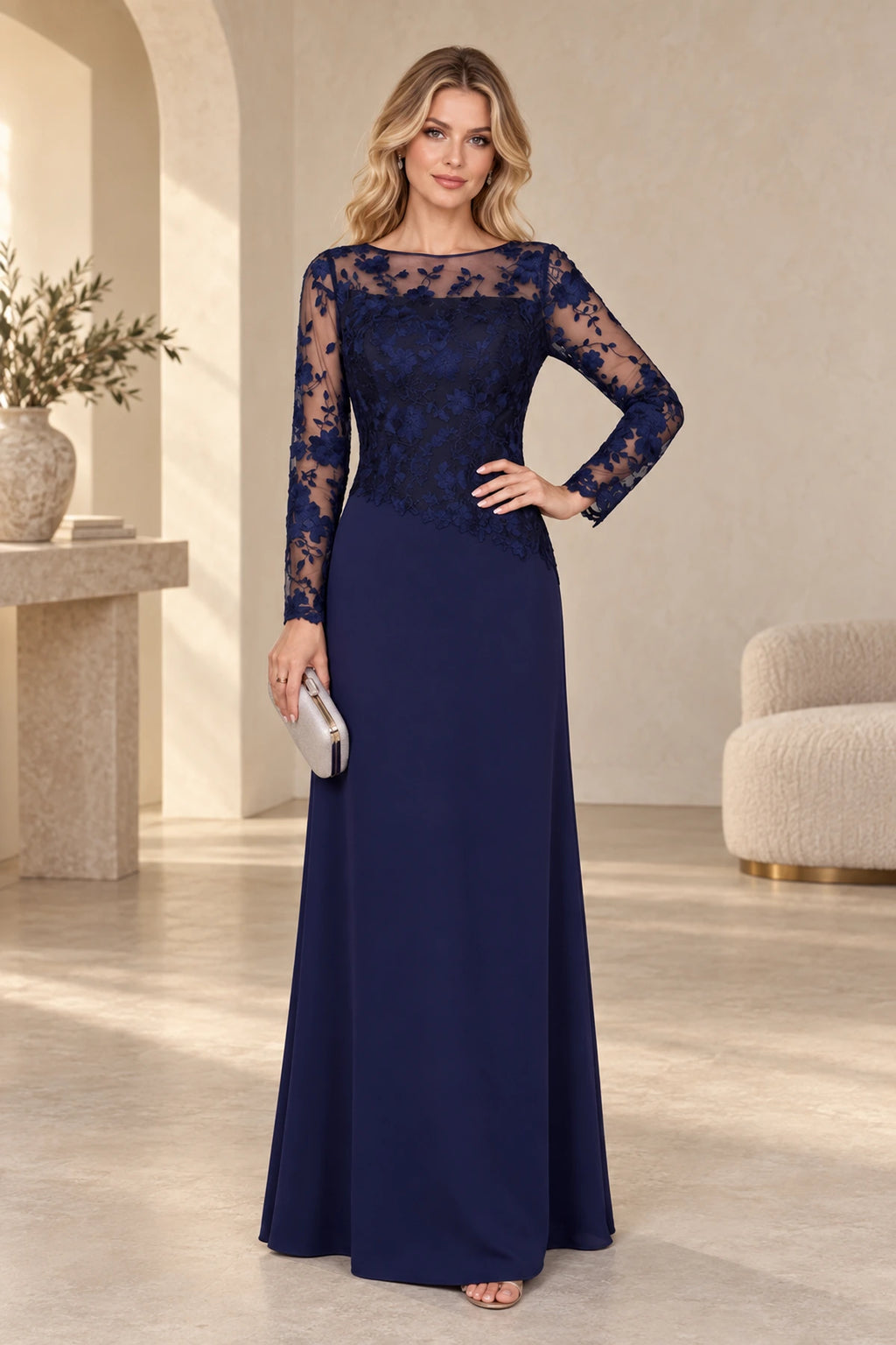 Navy Mother of the Bride Dress with illusion neckline, floral lace bodice, sheer long sleeves and floor-length A-line skirt
