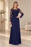 Navy Mother of the Bride Dress with illusion neckline, floral lace bodice, sheer long sleeves and floor-length A-line skirt