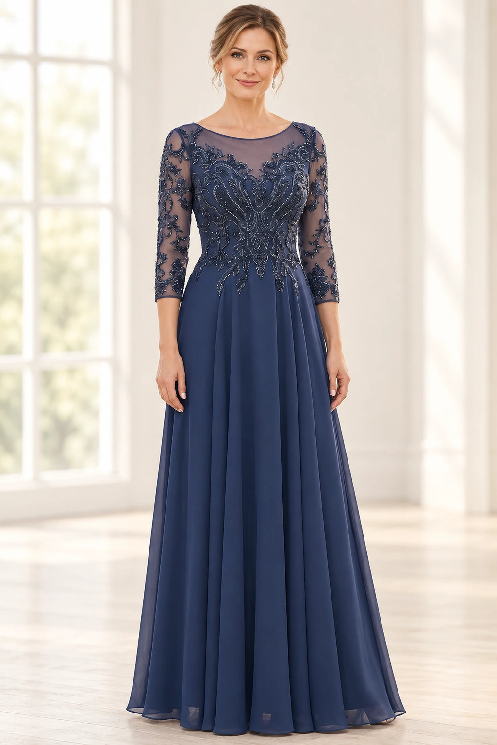 Navy blue mother of the bride dress with illusion neckline, beaded bodice, sheer three-quarter sleeves, and floor-length A-line skirt