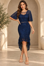 Chic Mermaid Illusion Neck Flutter Sleeve V Back Midi Wedding Guest Dress