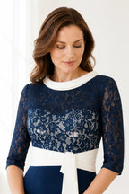 Refined Sheath Round Neck Three-Quarter Sleeve Zip Back Knee Length Mother of the Bride Dress
