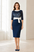 Navy Mother of the Bride dress with white lace bodice, three-quarter sleeves, contrast waist sash and knee-length sheath silhouette, front and back view by Vedress