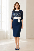 Navy Mother of the Bride dress with white lace bodice, three-quarter sleeves, contrast waist sash and knee-length sheath silhouette, front and back view by Vedress