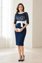 Refined Sheath Round Neck Three-Quarter Sleeve Zip Back Knee Length Mother of the Bride Dress