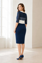 Navy Mother of the Bride dress with white lace bodice, three-quarter sleeves, contrast waist sash and knee-length sheath silhouette, front and back view by Vedress