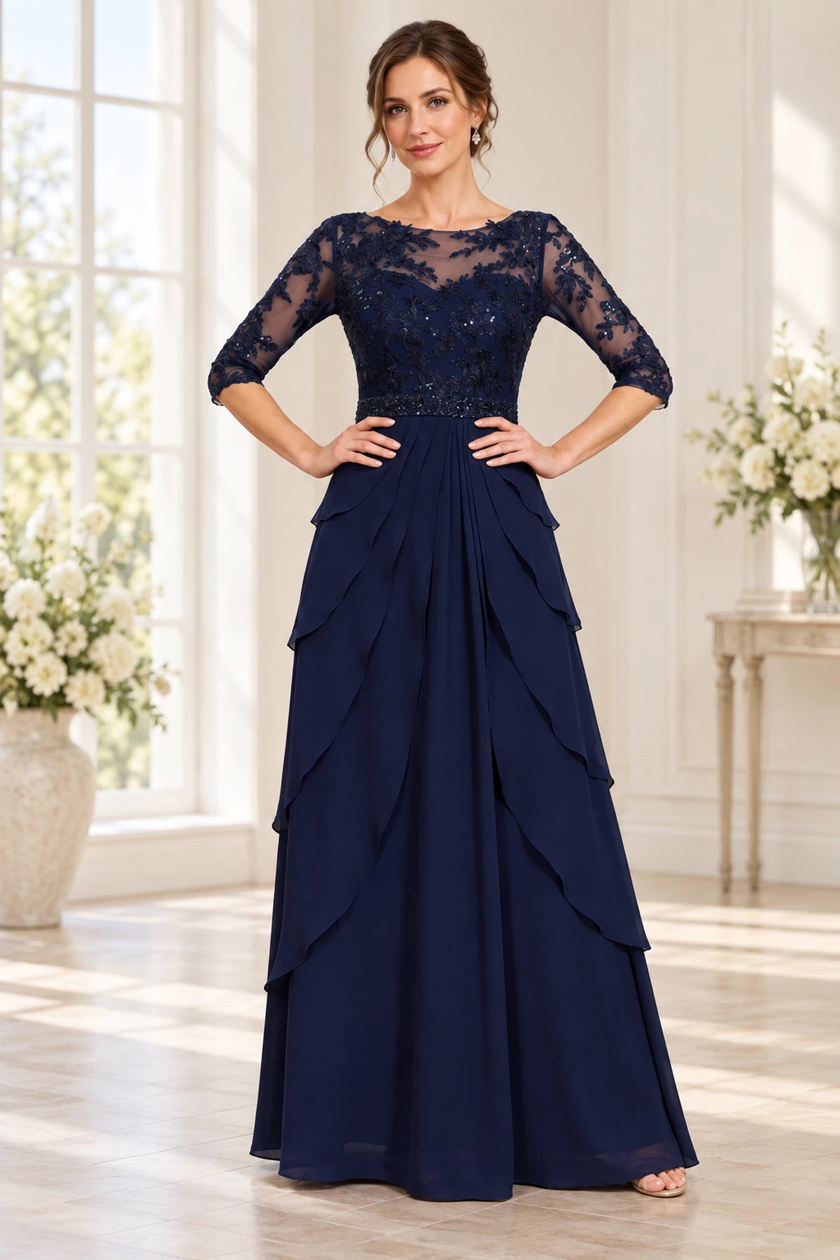 Navy Mother of the Bride Dress with illusion lace neckline, three-quarter sleeves, sequins and layered floor-length skirt