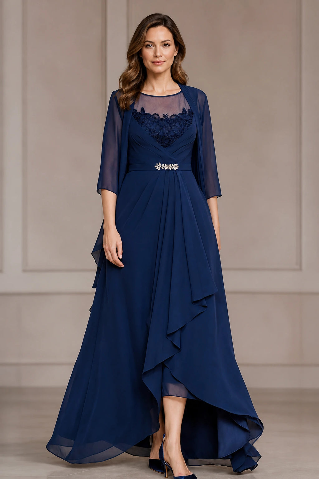 Navy Mother of the Bride Dress with illusion neckline, lace bodice, sheer three-quarter sleeves and floor-length A-line skirt front view